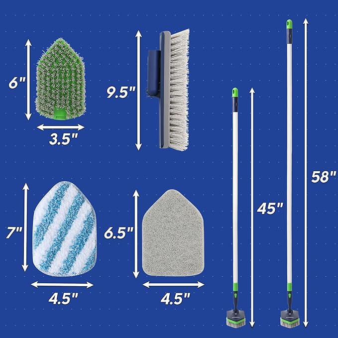 BOOMJOY 4 in 1 Shower Cleaning Brush, 58" Extendable Tub and Tile Scrubber Set, Grout Brush with Long Handle, Shower Tile Floor Scrubber for Cleaning Baseboard Bathroom Toilet Kitchen