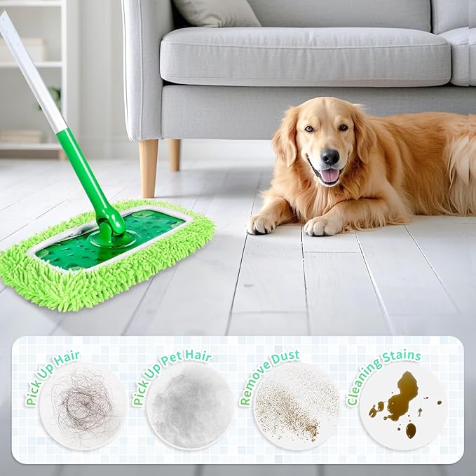 8 Pack Reusable Mop Pads Compatible with Swiffer Sweeper, Microfiber Chenille Washable Swiffer Mop Pads, Dry & Wet Sweeping Mopping Cloths (Green)