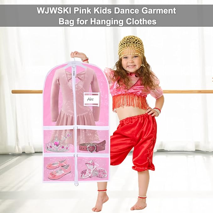 WJWSKI Pink Kids Dance Garment Bag for Hanging Clothes,37 Inch Waterproof PVC Travel Garment Bag with 3 Pockets for Dance Costumes,Sports,Skating,Theatre,Beauty Pageants & More