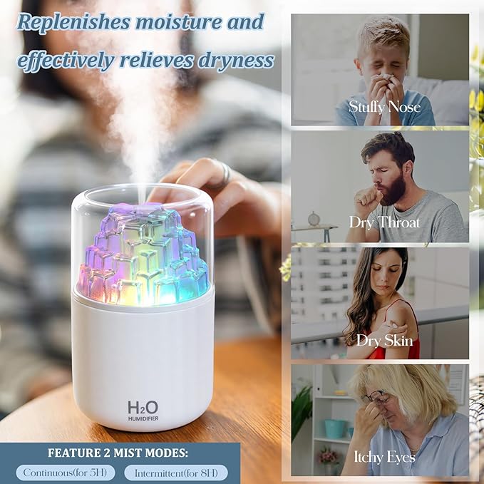 Portable Mist Humidifier with Colorful Light Auto-Off USB Desktop Personal Humidifiers 2 Cool Spray Modes 300ml for Bedroom Office Car Travel White