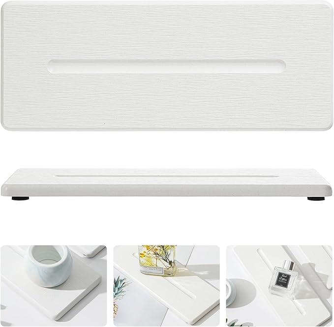 2 Pack Diatomite Stone Sink Tray, Water Absorbing Mat for Kitchen & Bathroom Counter, Quick Dry Soap Dish Makeup Vanity Caddy,Sponge Holder Organizer, White - 2pcs of 9"x 3.5"