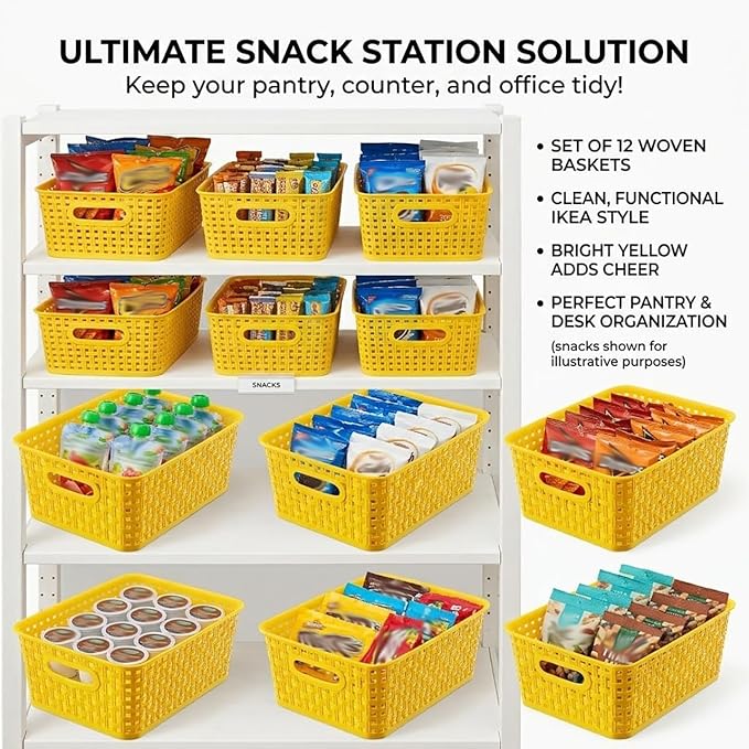Yellow Plastic Organizer Baskets, 12-Pack Stackable Pantry Storage Baskets, Small Baskets for Shelves, Bathrooms, Kitchens, Laundry Room, Classrooms, Cabinets and Bedrooms