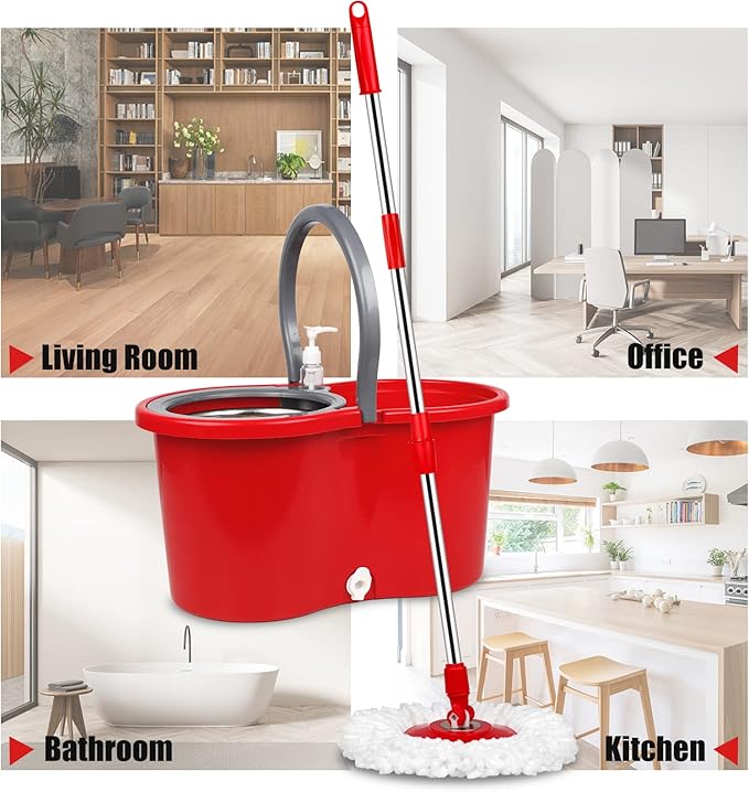 Spin Mop and Bucket, Microfiber Spin Mop & Bucket Floor Cleaning System, Spin Mop Kit with 3 Mop Heads, Mop with Stainless Steel Wringer, 61 inches Telescoping Mop Rod (Red)