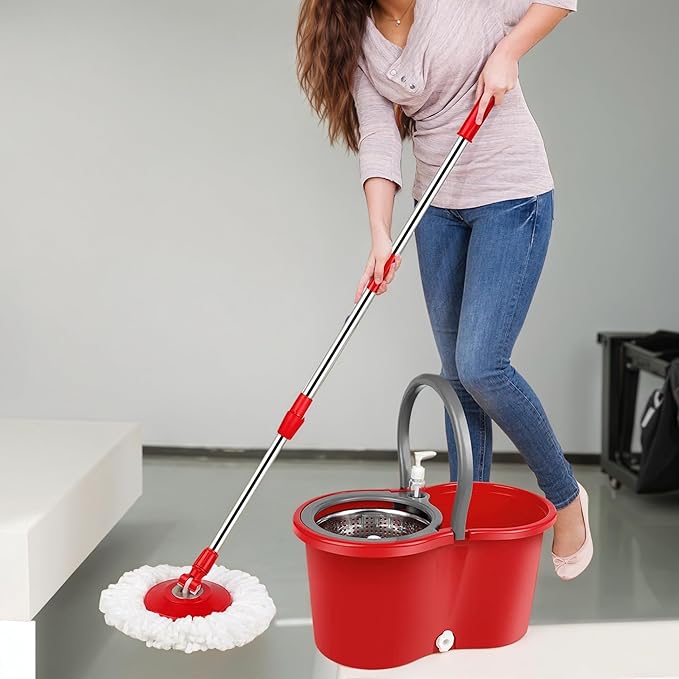 Spin Mop and Bucket Set with Wringer,360° Spinning Mop,for Floor Cleaning,with Adjustable Handle and3 Microfiber Mop Replacement Heads (Red)