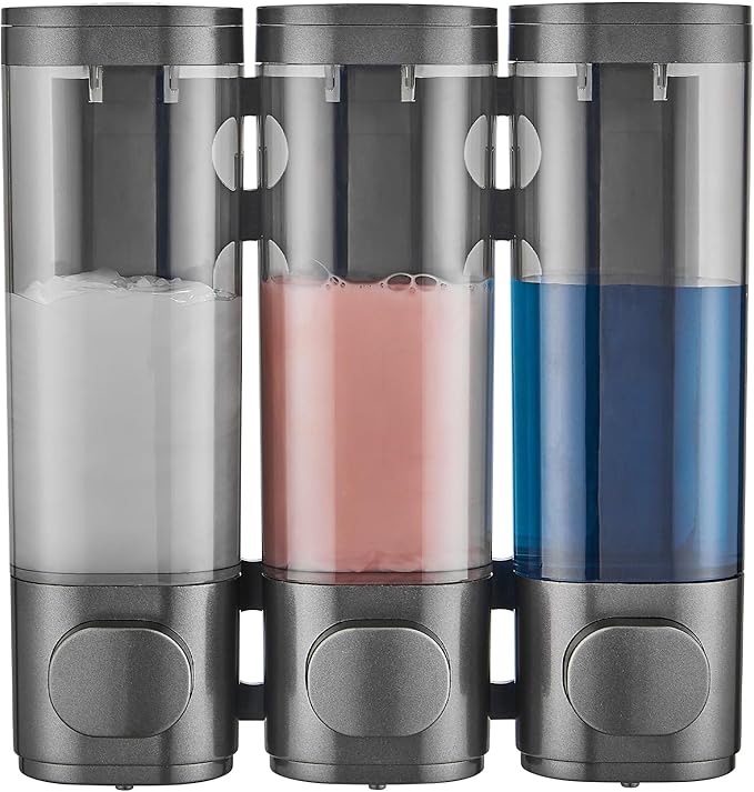 Shampoo and Conditioner Dispenser 3 Chamber No Drill,Shower Soap Pump Dispenser Wall Mounted,Body Wash Dispenser,Shower Gel Shampoo Holder for Bathroom Accessories,Gungrey
