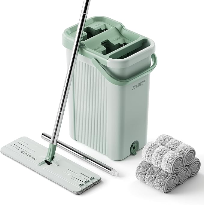 JOYMOOP 8L Large Capacity Flat Mop System (Light Green) with Extension Handle, Ideal for Floor, Window, and Wall Cleaning - Includes 5 Washable Microfiber Pads for Wet and Dry Use