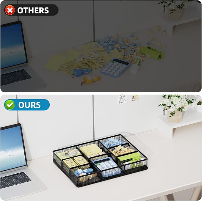 Marbrasse 2Pack Desk Drawer Organizer, Metal Mesh Drawer Organizer Tray with 5 Adjustable Compartments,Desk Organizers and Accessories for Home,Office