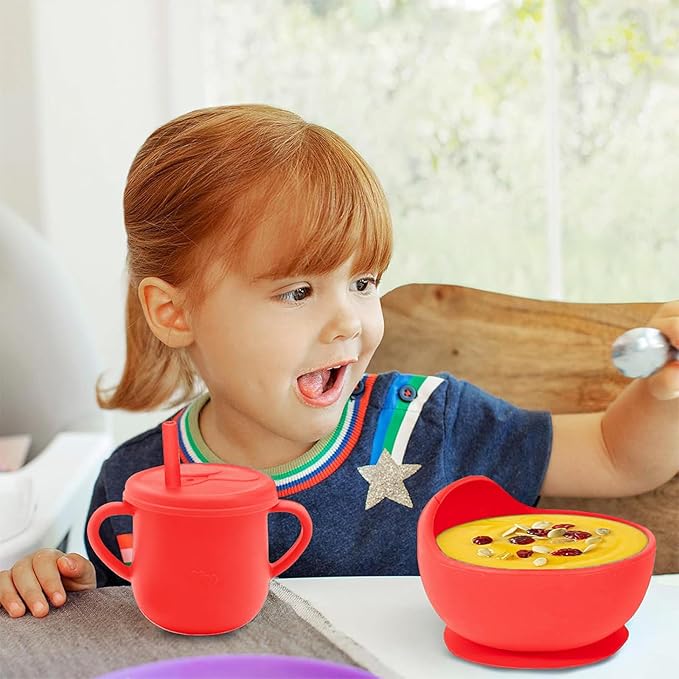 100% Silicone baby feeding set,BPA free Baby dishes set with Suction Bowl Divided Plate,Toddler Self Feeding Dish Set with Spoons Forks Sippy Cup And Bib, Baby Eating Utensils (Scarlet)