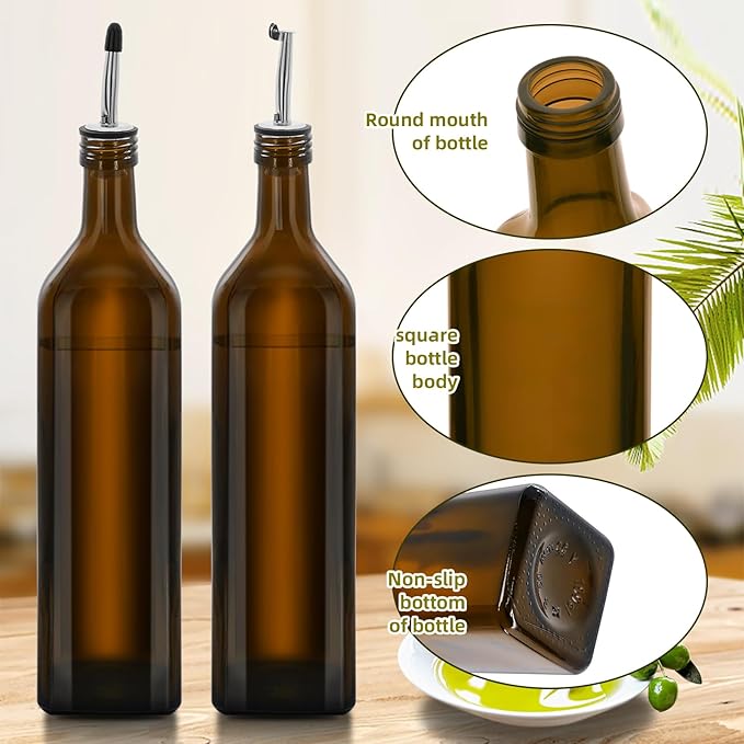 2Pcs 33 oz Olive Oil Dispenser Bottle,1000ml Glass Oil and Vinegar Dispenser Set with Pourers and Funnel ,Oil Bottles for Kitchen Large capacity oil bottles (Brown 2pcs)