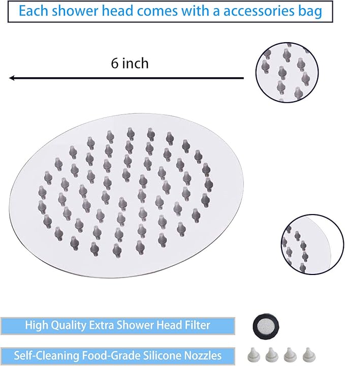 GGStudy Round 6 Inch Stainless Steel Shower Head High Pressure Rainall Shower Head Chrome Ultra Thin Design-Best Pressure Boosting with Silicone Nozzle Easy to Install