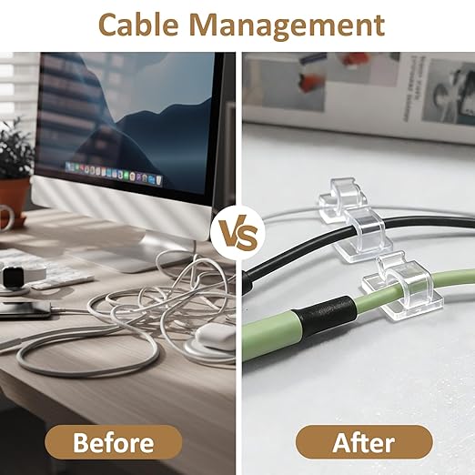100PCS Clear Adhesive Cable Clips, Wire Organizer Cord Management Staples, Strong Hold for Wall Desk, Christmas Lights, TV PC Ethernet Cable