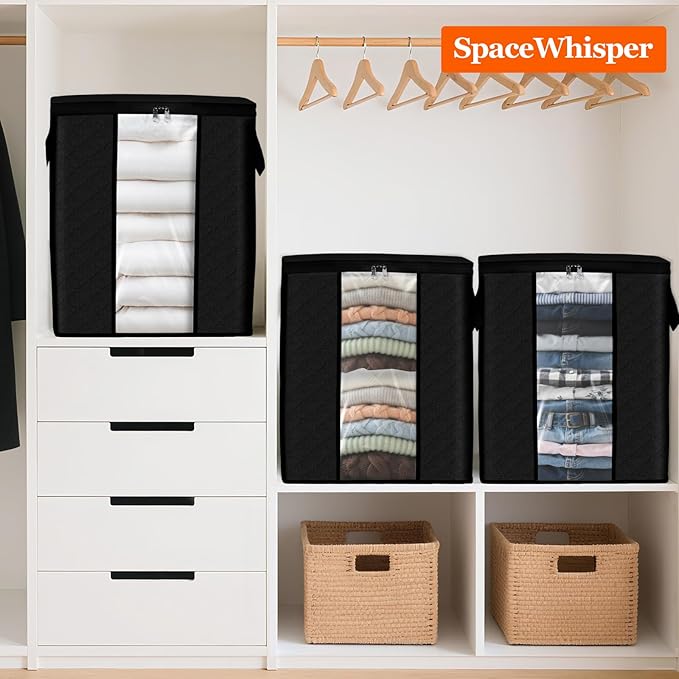 8 Pack 100L Clothes Storage, Foldable Thick Fabric Blanket Storage Bags, Black