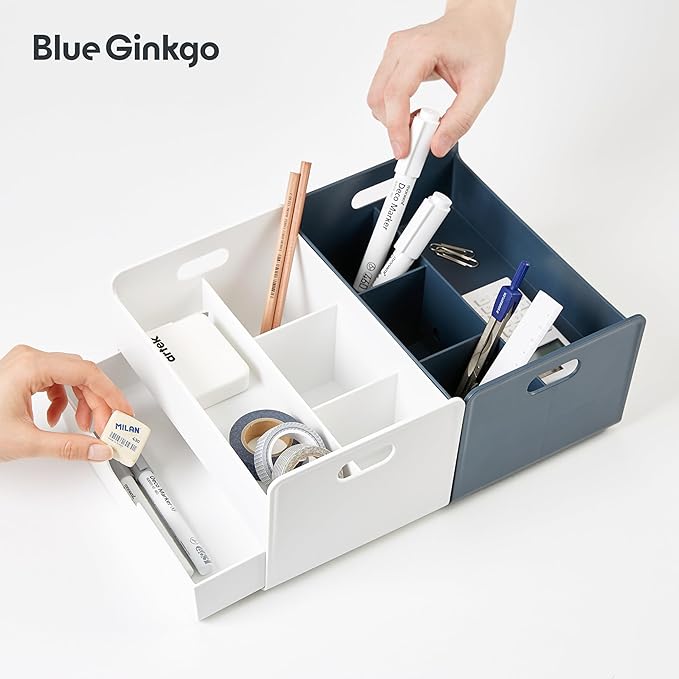 BLUE GINKGO Portable Desk Organizer, Compact 3 Compartment, Made in Korea, White