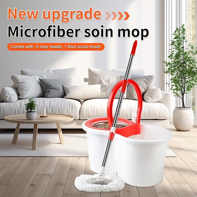 Spin Mop and Bucket with Wringer Set, 360° Spinning Mop Bucket System with 6 Microfiber Mop Floor Scrub Brush and 61" Stainless Steel Adjustable Handle for Floor Cleaning
