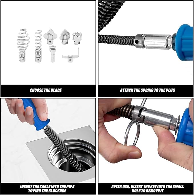 49.2 Feet x 1/2 inch Solid Drain Cleaning Cable with Six Shapes of Cutters, Manually Adapter and Powered Adapter