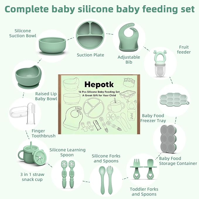 16 Pack Silicone Baby Feeding Set, BPA-Free Baby LED Weaning Supplies, Include Suction Plates, Baby Bowls, Silicone Fork & Spoon, First Stage Baby Food Eating Utensils - 6+ Months (Dark Green, 16)