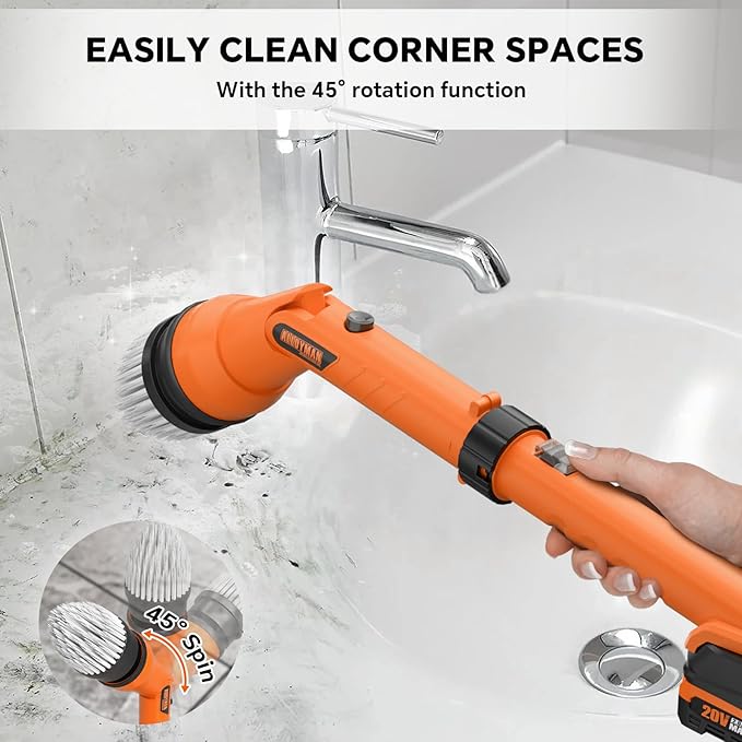 2 Battery Electric Spin Scrubber, 1000RPM Cordless Cleaning Brush Waterproof with 20V Power Supplied, Adjustable Extension Handle, 4 Replaceable Cleaning Heads, Hook, Gloves - for Tub/Tile/Wall/Floor