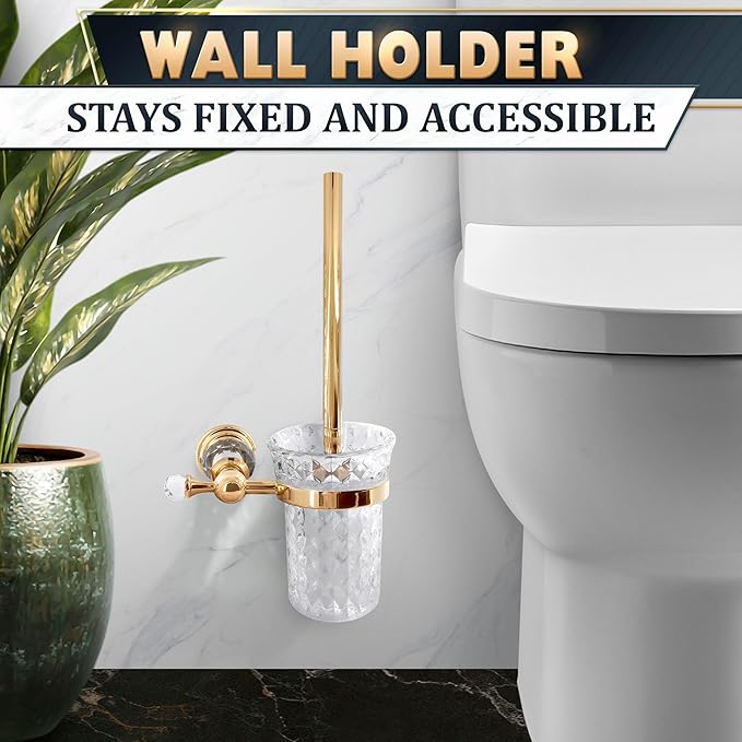 Gold Stainless Steel Toilet Brush with Crystal Toilet Brush Holder Set – Wall Mounted Holder, Replaceable Head, Decorative Space-Saving Design Bathroom Toilet Accessory Elegant Toilet Bowl Cleaner Set