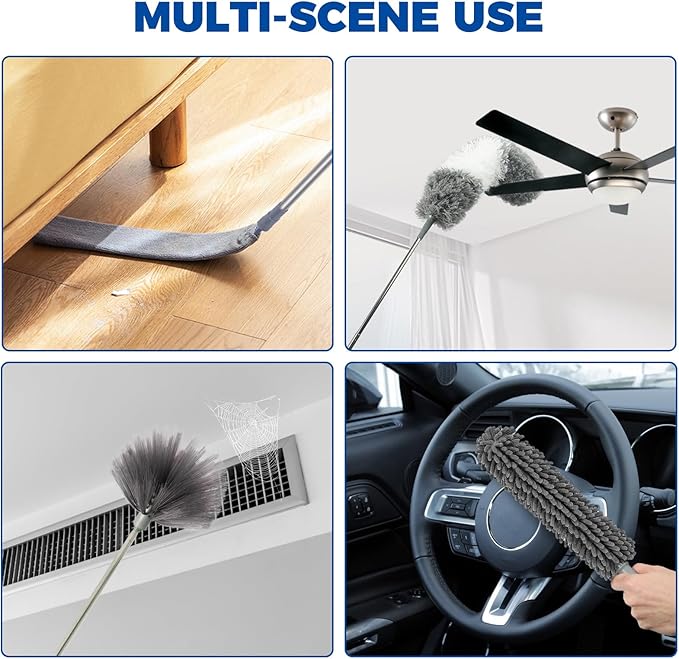 9Pcs Dusters for Cleaning Kit, Extendable Microfiber Duster Tools with 100" Long Pole, Retractable Gap Bendable Dust Cleaner