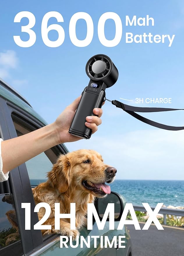 Portable Handheld Turbo Fan, 1-199 Speed Adjustable with LED Display, High-Power Motor, Rechargeable Battery, 4 IN 1 Pocket Design Mini Fans for Indoor/Outdoor/Travel/Work, Black