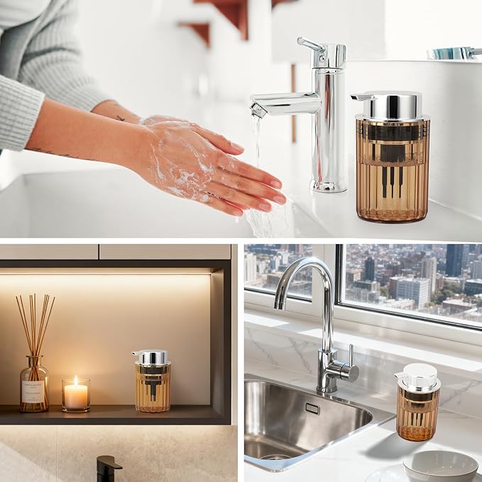Segbeauty 10oz Plastic Amber Foam Soap Dispenser for Kitchen Sink, 300ml Bathroom Foaming Countertop Soap Dispensers, Foam Pump Bottle Empty, Shaving Face Wash Liquid Pump Foamer Bottles Dispenser