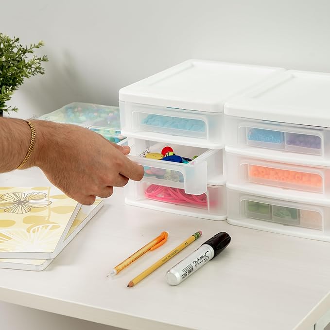 IRIS USA Plastic Stacking Desk Top 3-Drawer Storage Organizer, 2-Pack