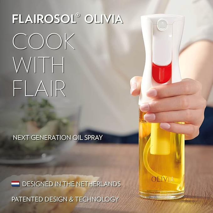 OLIVIA SIGNATURE Advanced Kitchen Oil Sprayer Technology, Fine Mist & Portion Control, Refillable Glass Olive Oil Cooking Spray Bottle for Air Fryer, Salad, BBQ, 130ml (Gold Print)