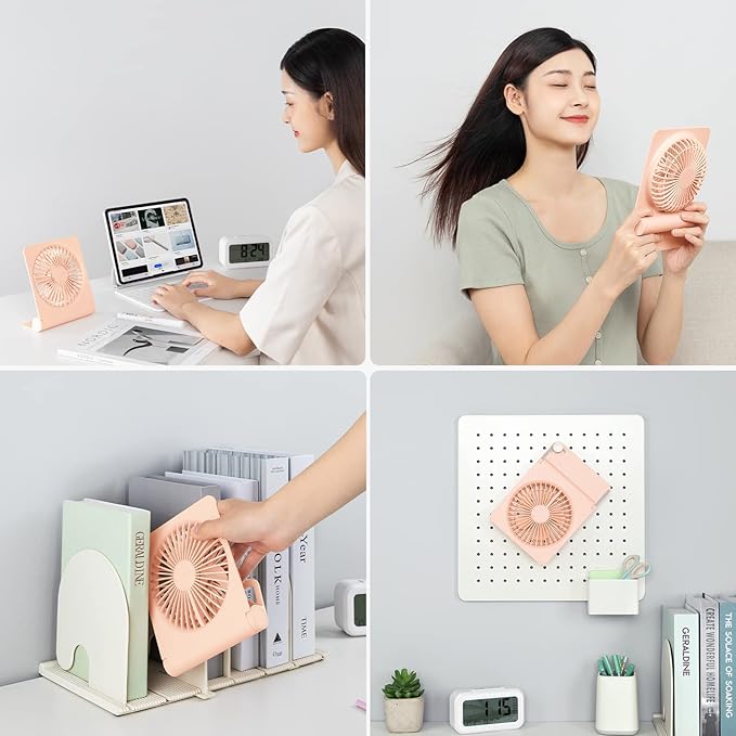 JISULIFE Small Desk Fan, Portable USB Rechargeable Fan, 160° Tilt Folding Personal Mini Fan with 4500mAh Battery, Strong Wind, Ultra Quiet, 4 Speed Modes for Office, Home, Camping - Pink