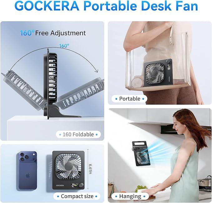 GOCKERA Desk Fan, 6.61''Ultra-thin Battery Powered Fan with Powerful Wind,100 Speeds Adjustable&Digital Display,Timer,Ultra-quiet Small Portable Fan for Bedroom,Office,Travel (Black, 5000mAh)