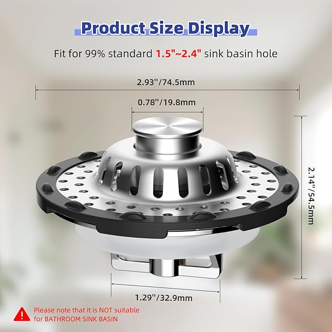 Metal 2 Pack Bathtub Drain Stopper with Top Hair Catcher, Innovative 3 in 1 Pop-up Bathtub Strainer