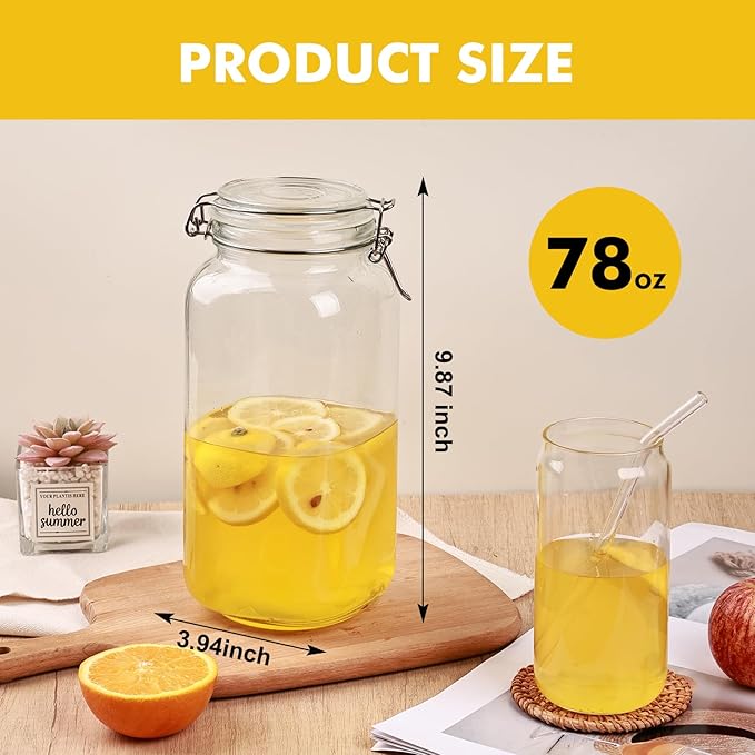 3 Pack 78oz Mason Glass Jars with Clamp Lids, Large Clear Airtight Food Storage Containers, Glass Canisters for Coffee, Sugar, Flour, Pasta, Spices, BPA-Free