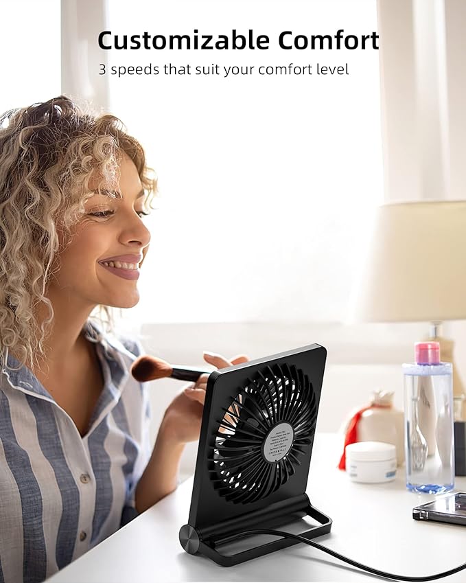 Koonie USB Fan, Strong Wind Ultra Quiet Small Desk Fan 220° Tilt Folding 3 Speeds Adjustable USB-C Powered Personal Fan for Home Office Desktop Black, NO BATTERY
