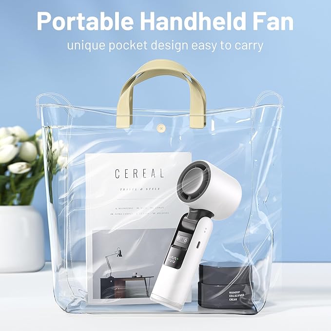 Lerat Portable Handheld Turbo Fan, 5 High-Speed Wind, Battery Operated, Up to 12H Runtime, 3 IN 1 Hand Fan with LED Display & Flashlight, Personal Cooling Fan for Travel, Outdoor, Beach Essentials