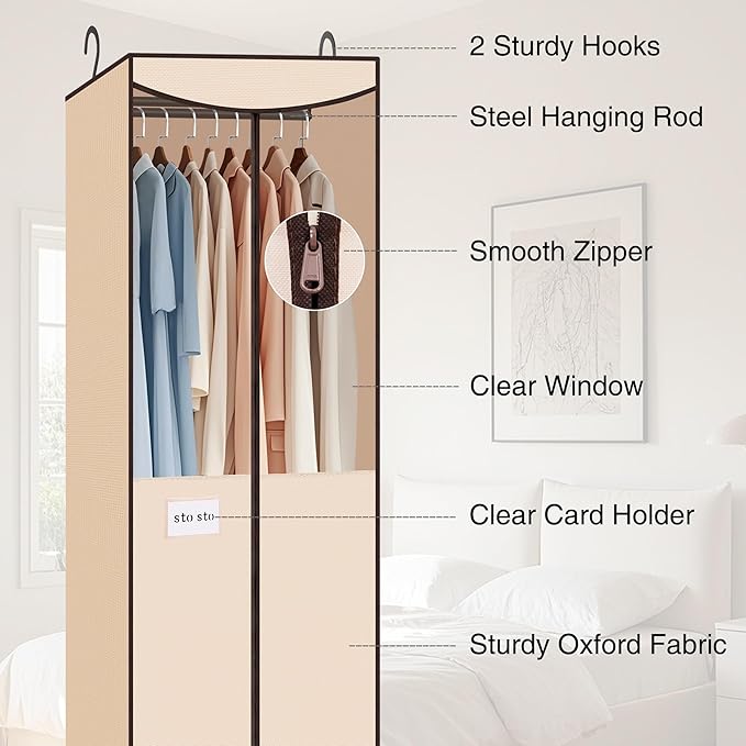 STO STO 2 Pack Garment Bag for Hanging Clothes Closet, Hanging Garment Cover with Built-in Steel Hanging Rod, Hanging Wardrobe Storage Bag for Suit, Dress with Clear Window, Zipper, ID Card, Beige