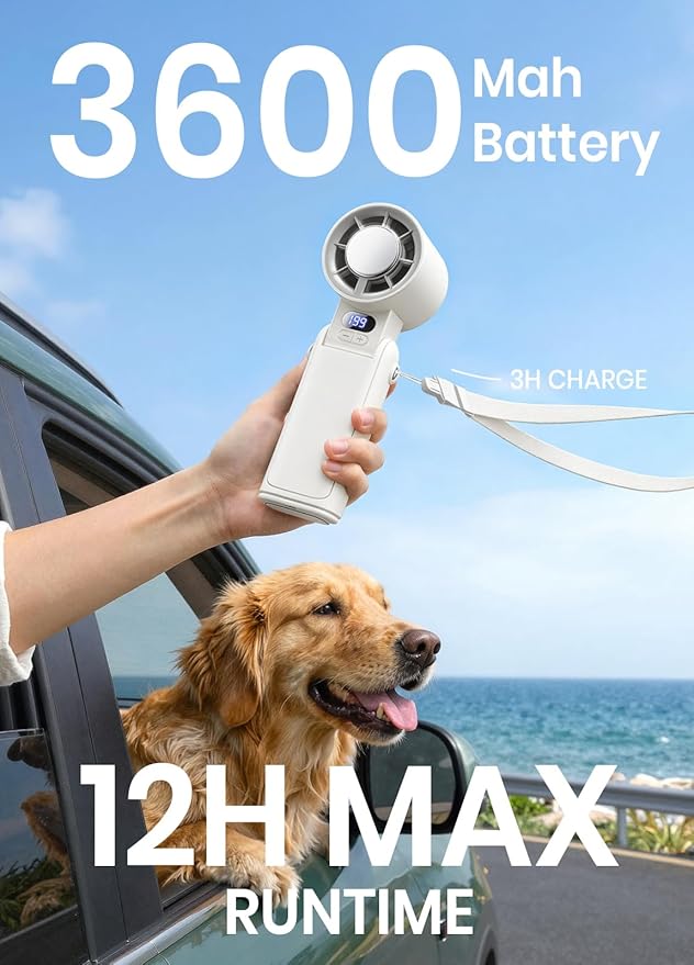 Portable Handheld Turbo Fan, 1-199 Speed Adjustable with LED Display, High-Power Motor, Rechargeable Battery, 4 IN 1 Pocket Design Mini Fans for Indoor/Outdoor/Travel/Work, White