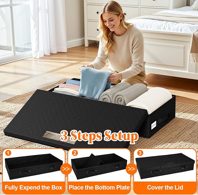 Under Bed Storage Containers with Lids, 3 Pack, Black