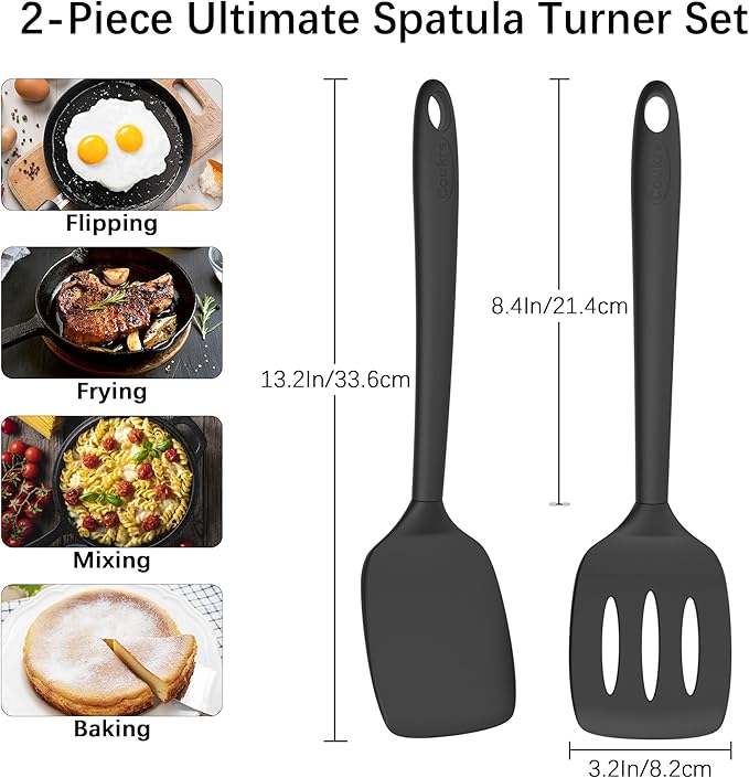 Coukre 2 Pack Silicone Spatula Set, High Heat Resistant, BPA Free Kitchen Spatula, Solid & Slotted Turner for Non-Stick Pans, Sautéing, and Flipping (2, PureBlack)