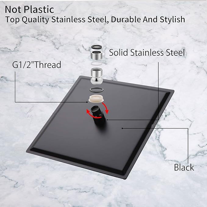 Black Shower Head GGStudy 6 inch Square Rain Shower Heads Stainless Steel High Pressure Ultra Thin Rainfall Bath Shower Self-cleaning Silicone Nozzle