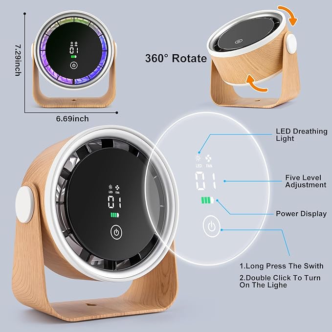 Small Desk Fan Battery Powered - Cordless Low Noise Quiet Portable Gentle Blowing without Headaches Office Bedroom Sleep Living Room Table Top Wall Hanging Kitchen Travel Camping 5-Speed 360 Rotation