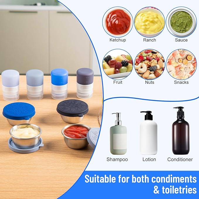 MICEBAY 8-Pack Salad Dressing Container To Go, 1-oz Silicone Small Condiment Squeeze Bottles and 1.6 oz Stainless Steel Sauce Containers Cups