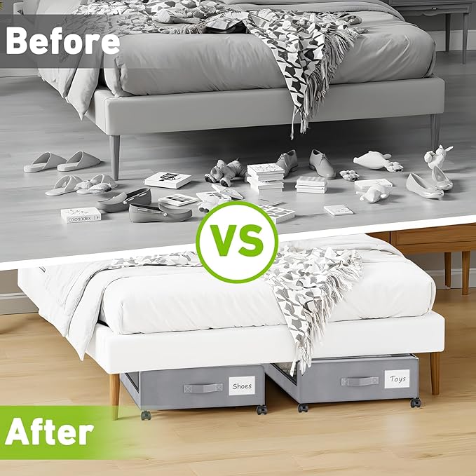 Molutsody Under Bed Storage with Wheels, 2-Pack Underbed Storage Containers with Clear Lids, Under Bed Shoe Storage Organizer Bins