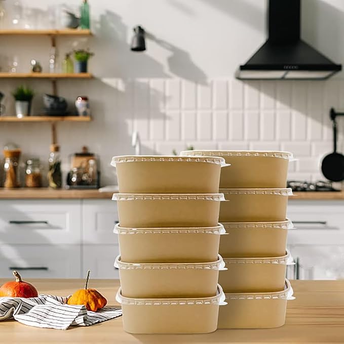 25oz Disposable Bowls with Lids, 50 Sets Large Kraft Square Paper Salad Bowls, Disposable Meal Prep Food Containers w/Lid