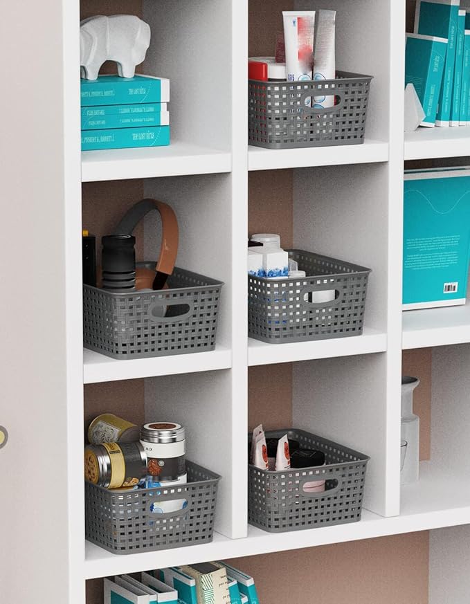 WYT Weave Storage Organizer Baskets, Grey 6-Pack Plastic Woven Baskets, 10.1" x 7.55" x 4.1"