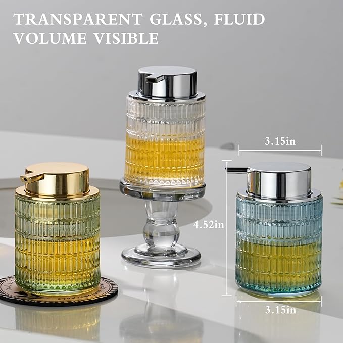 CICUFY Foaming Hand Soap Dispenser, Glass Foam Soap Dispenser or Lotion Dispenser for Kitchen & Bathroom Refillable Liquid Soap Dispenser with Large Silver Pump(Striped Pattern-Clear)