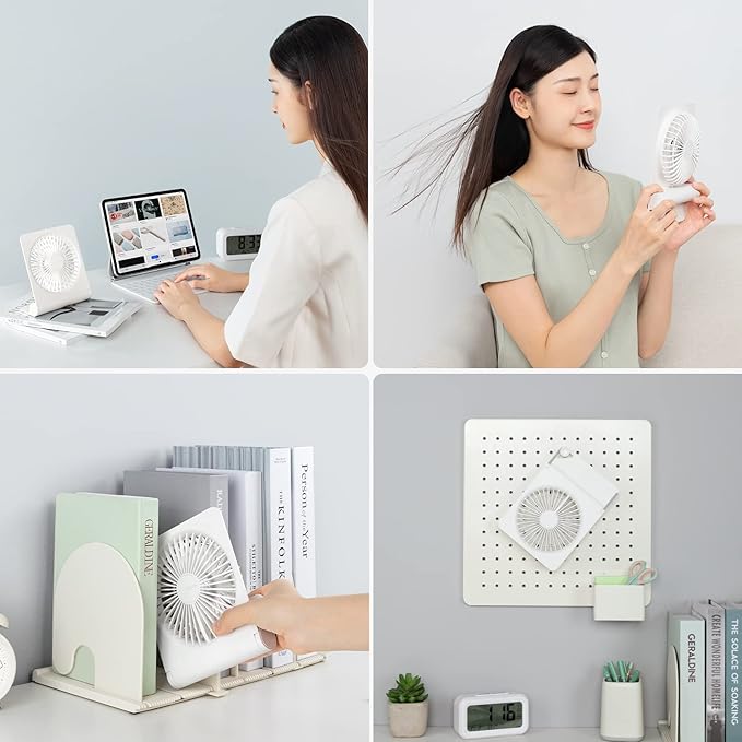 JISULIFE Small Desk Fan, Portable Travel with 4500mAh Battery, USB Rechargeable Folding Design for Flexibility, Strong Quiet Wind with 4 Speed Modes, Ideal Gifts for Office/Home/Camping - White