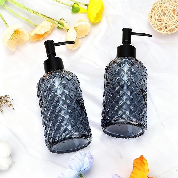 13.5Oz Gem Design Soap Dispenser with Plastic Pump, Refillable Glass Soap Dispenser for Hand Soap, Dish Soap, Lotion (Blue Grey)