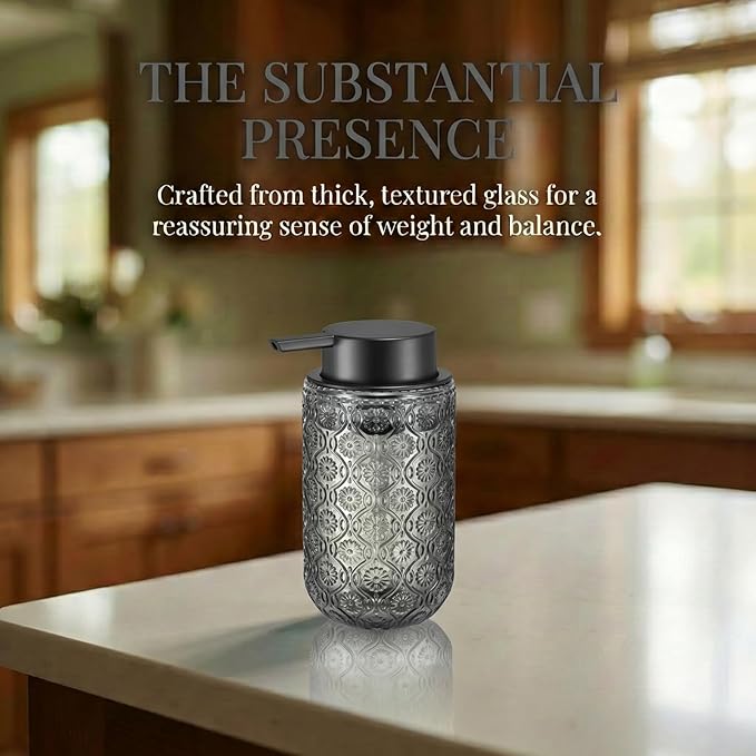 Grey Glass Liquid Hand Soap Dispenser with Matte Black Pump Thick Embossed Bottle Refillable for Bathroom and Kitchen Decor 13.5 oz