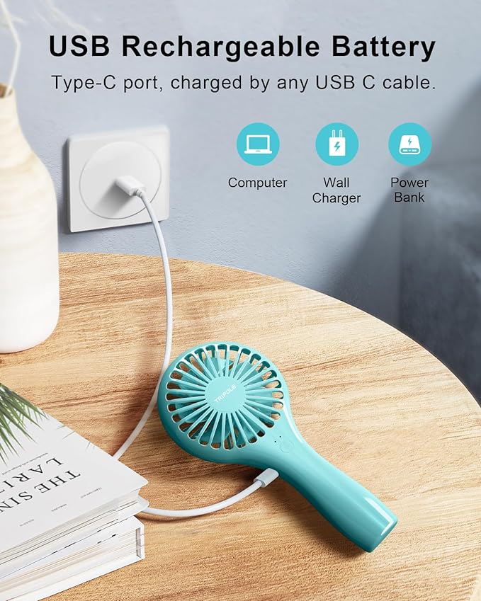 TriPole 2 Pack Handheld Mini Portable Fans Blue, Rechargeable Battery Operated Small Fan for Outdoor Travel Kids Trip, Cute Design Powerful Personal Lash Dryer for Makeup Eyelash Extensions