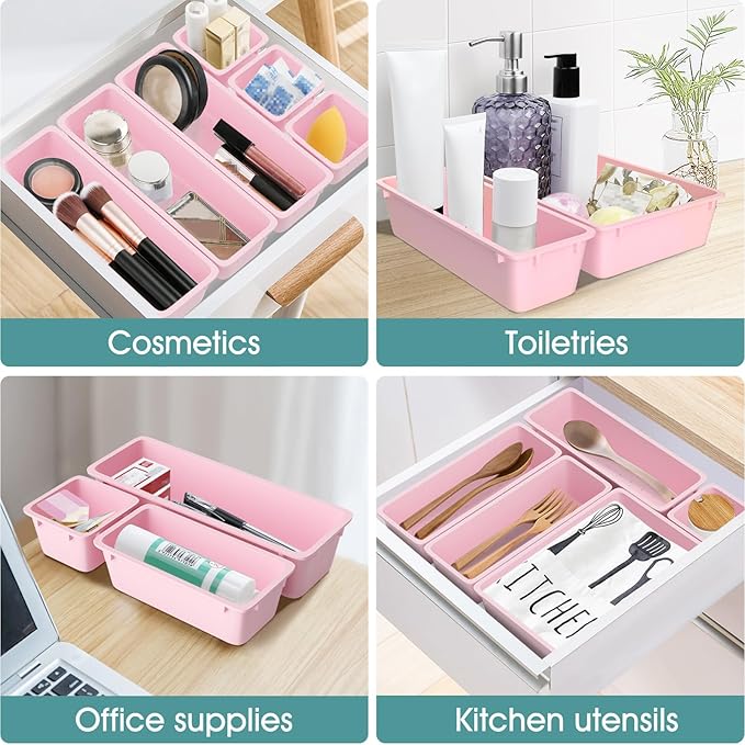 WOWBOX 25 PCS Plastic Drawer Organizer Set, 4 Sizes Desk Drawer Divider Organizers and Storage Bins for Makeup, Jewelry, Gadgets for Kitchen, Bedroom