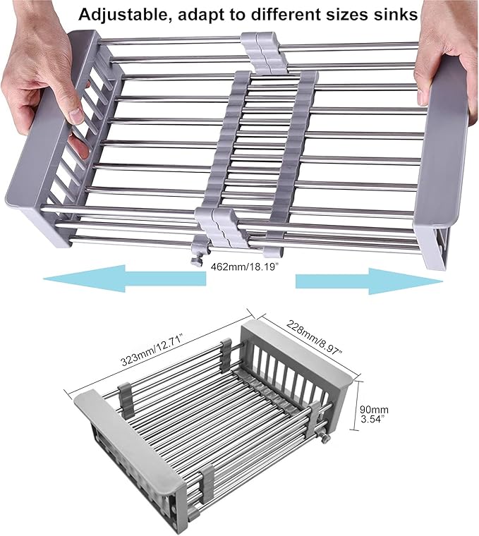 Aspasia Dish Drying Rack, Adjustable Stainless Steel Drainer Basket Drain Tray for Dish Vegetable Fruit, 18.2" x 8.9", On Counter Dish Rack or in Sink Over Sink Kitchen Basket Grey